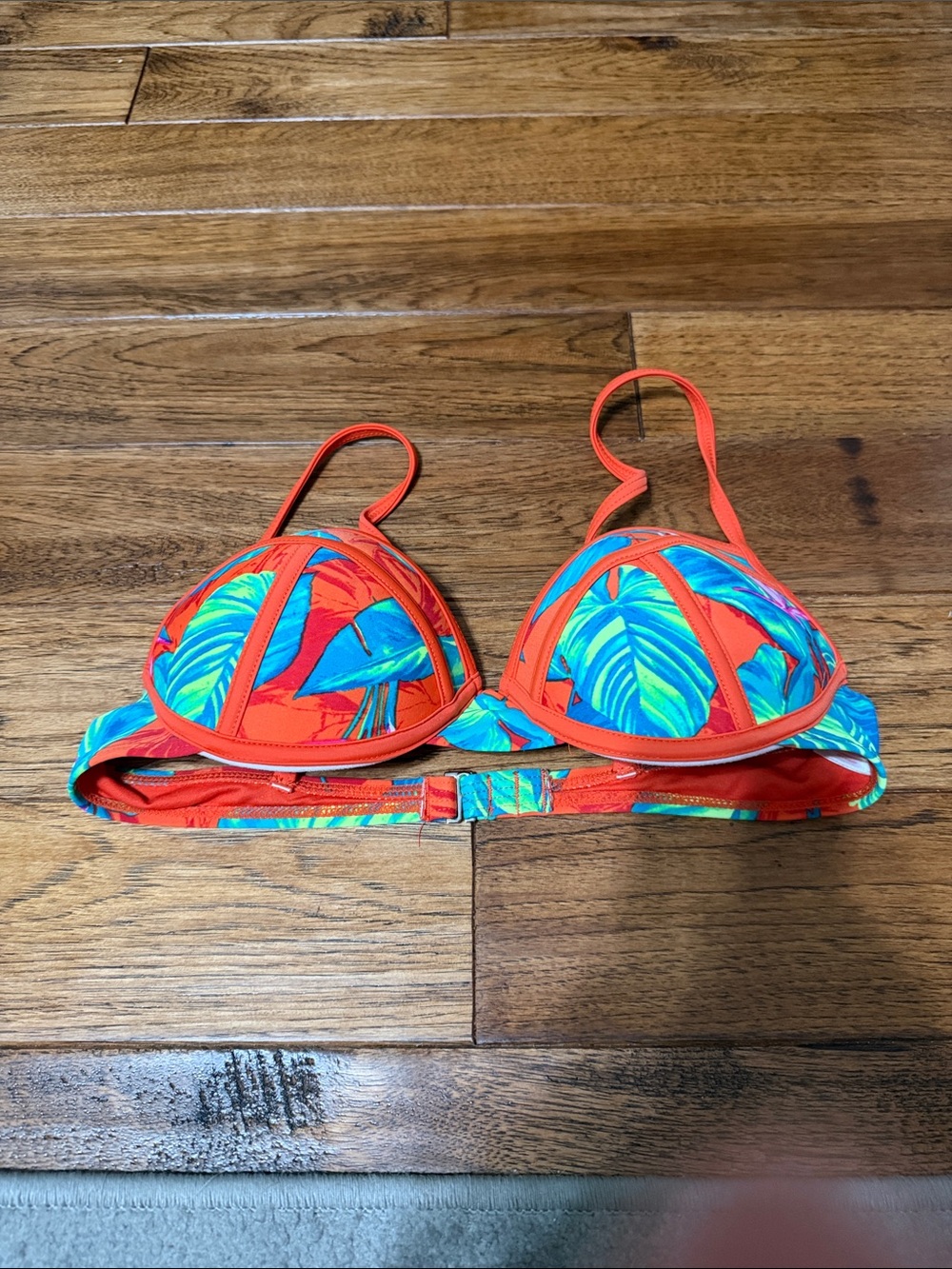 Xhilaration Bright Coral & Teal Tropical Leaf Bikini Top